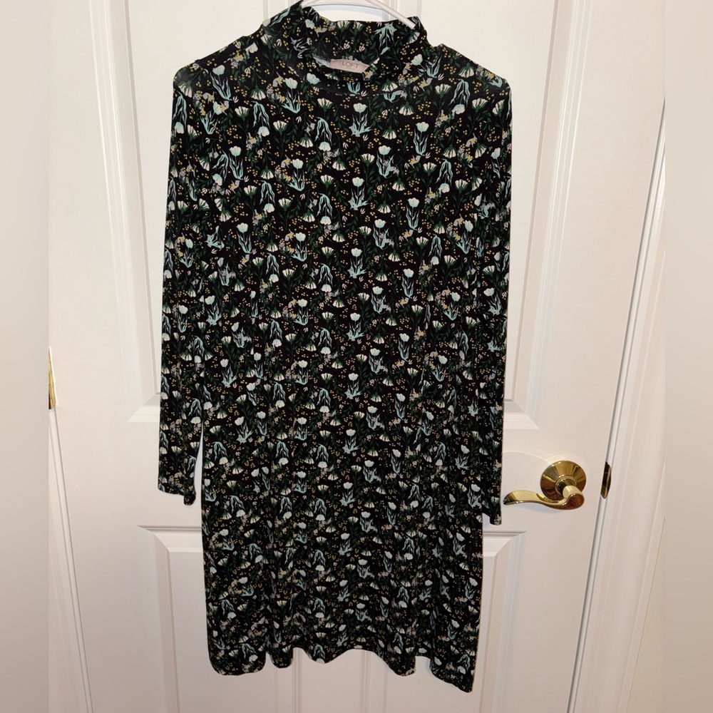 LOFT Floral Fox and Rabbit Mock Neck Dress